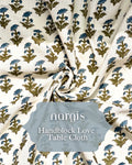 Nargis - Blue Daffodil - Hand Block Cotton Slub Table Cloth - 8 Seater - Bloc a Main