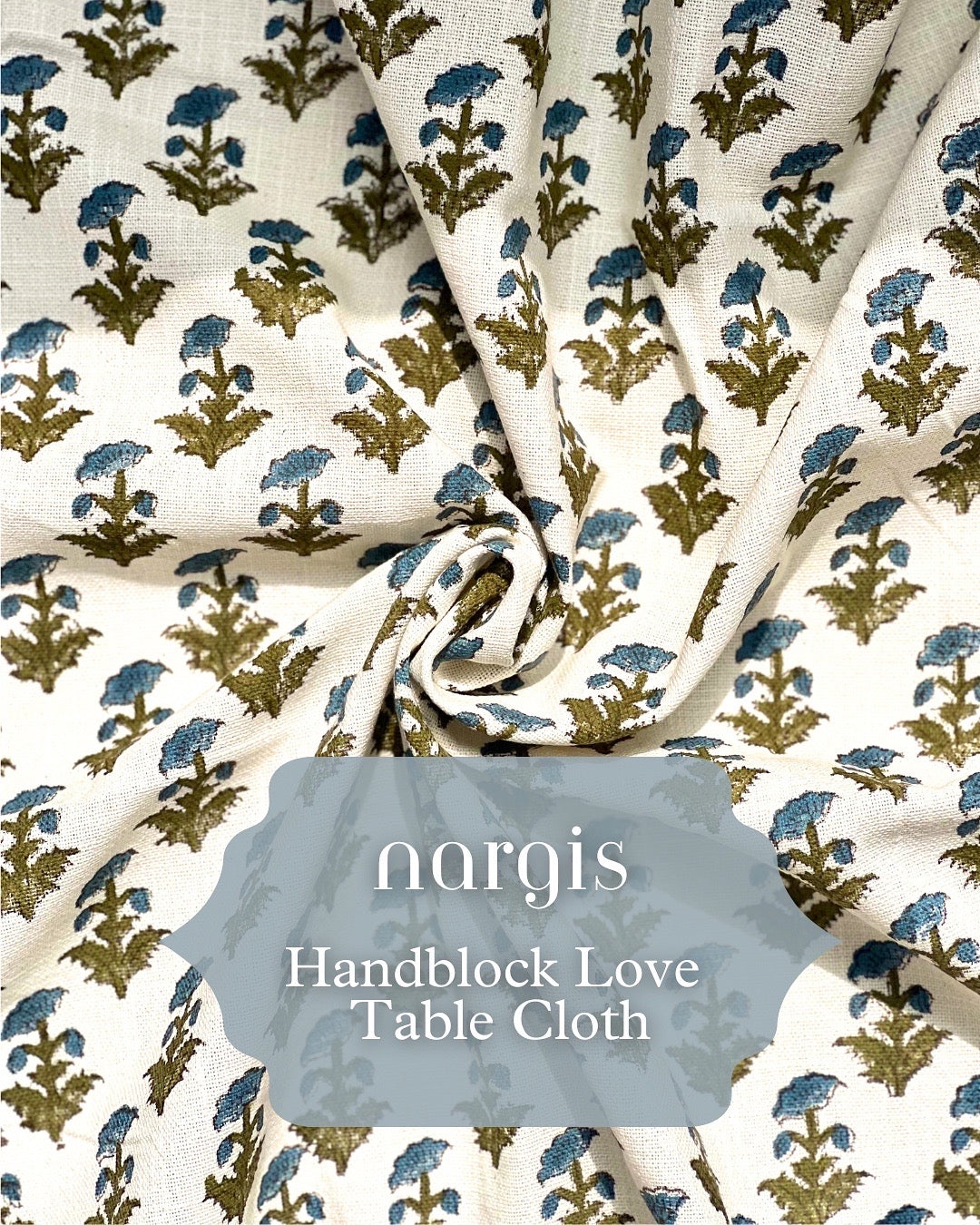 Nargis - Blue Daffodil - Hand Block Cotton Slub Table Cloth - 8 Seater - Bloc a Main