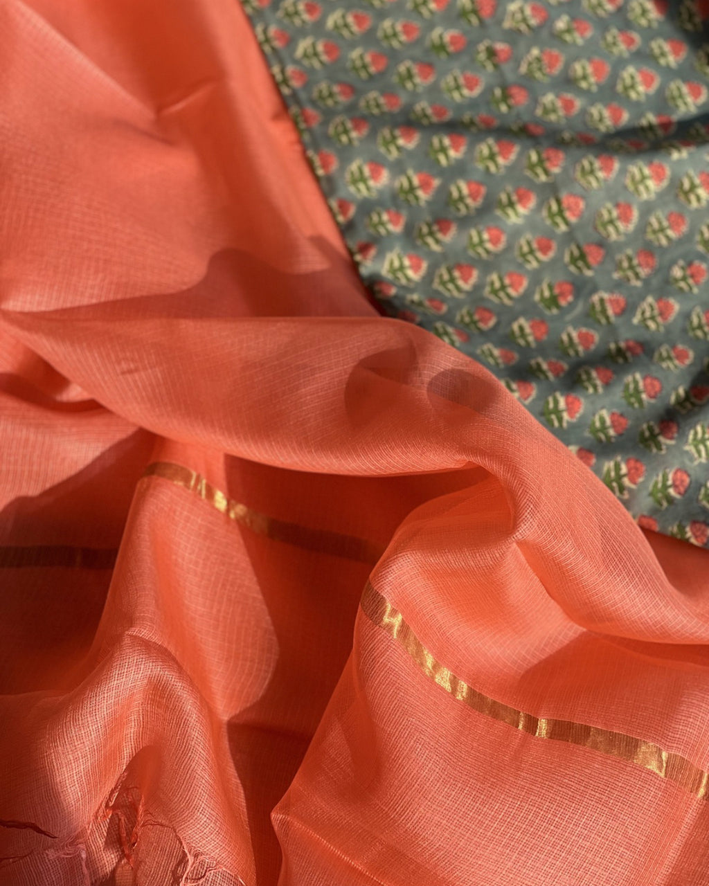 Peach Dreams Kota Cotton Silk with Handblock Cotton Blouse - Summer Saree - House of Amayra