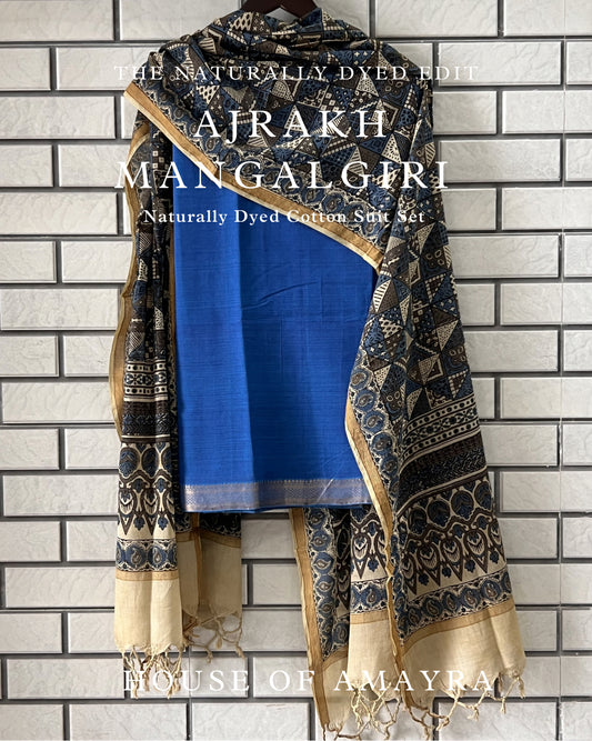 Neel Naturally Dyed Ajrakh Mangalgiri Cotton Suit Set - HOAN