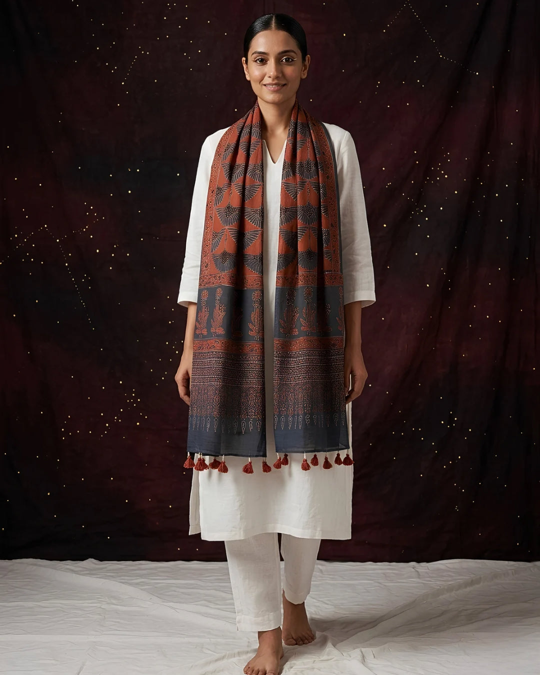 The Red Crane Naturally Dyed Ajrakh Cotton Mul Stole