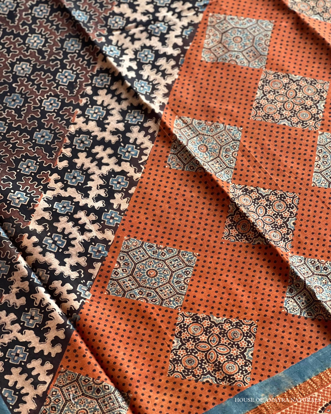 Laila Madder & Indigo Naturally Dyed Ajrakh Chanderi Saree - HOAN
