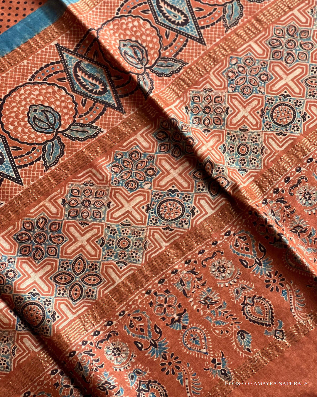 Laila Madder & Indigo Naturally Dyed Ajrakh Chanderi Saree - HOAN