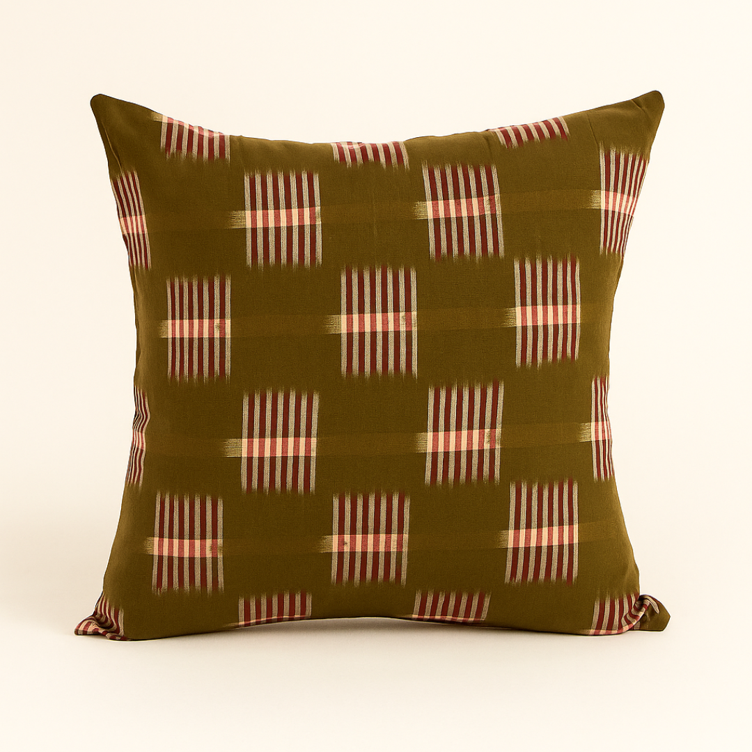 Olive & Red Handwoven Ikat Cushion Cover – 18 x 18 inch by Bloc à Main