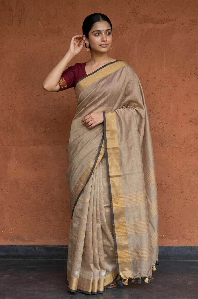 Umrao Jaan Linen Zari Saree with Mangalgiri Cotton Blouse - House of Amayra